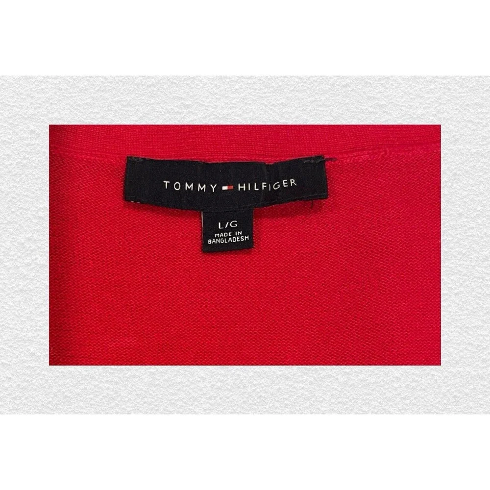 “Tommy Hilfiger” Sweater Women's Sz L Argyle Holiday Sweater Red White Metallic